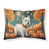 Fall Fluff Dream Bed: West Highland White Bliss! Drift Into Dreamland with our Gray Upholstered Bed, Complete with a Delightful Dog and Pumpkin Pillow - Estalios