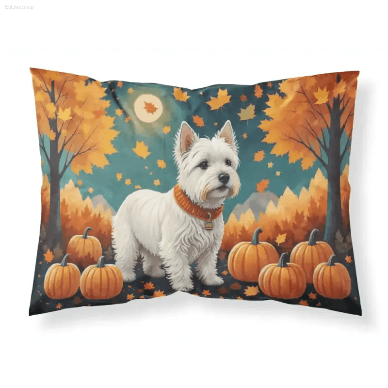 Fall Fluff Dream Bed: West Highland White Bliss! Drift Into Dreamland with our Gray Upholstered Bed, Complete with a Delightful Dog and Pumpkin Pillow - Estalios