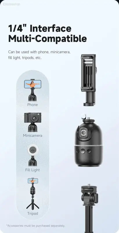 Multi-compatible interface for phone, minicamera, fill light, and tripod.