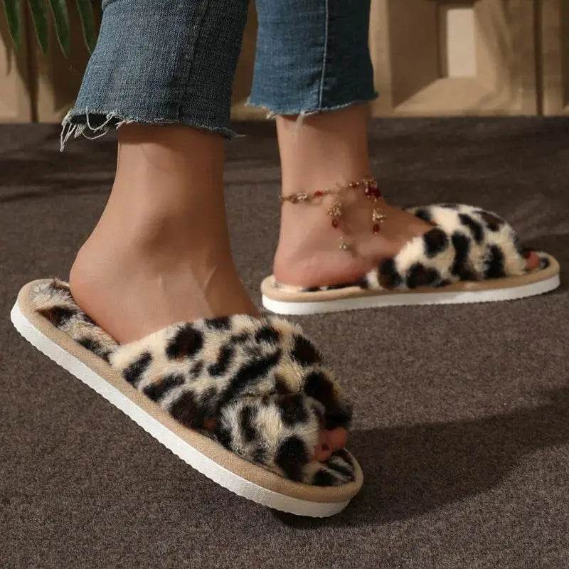 Fashion Cross Strap Fur Slippers Women Indoor Warm Plush - Estalios