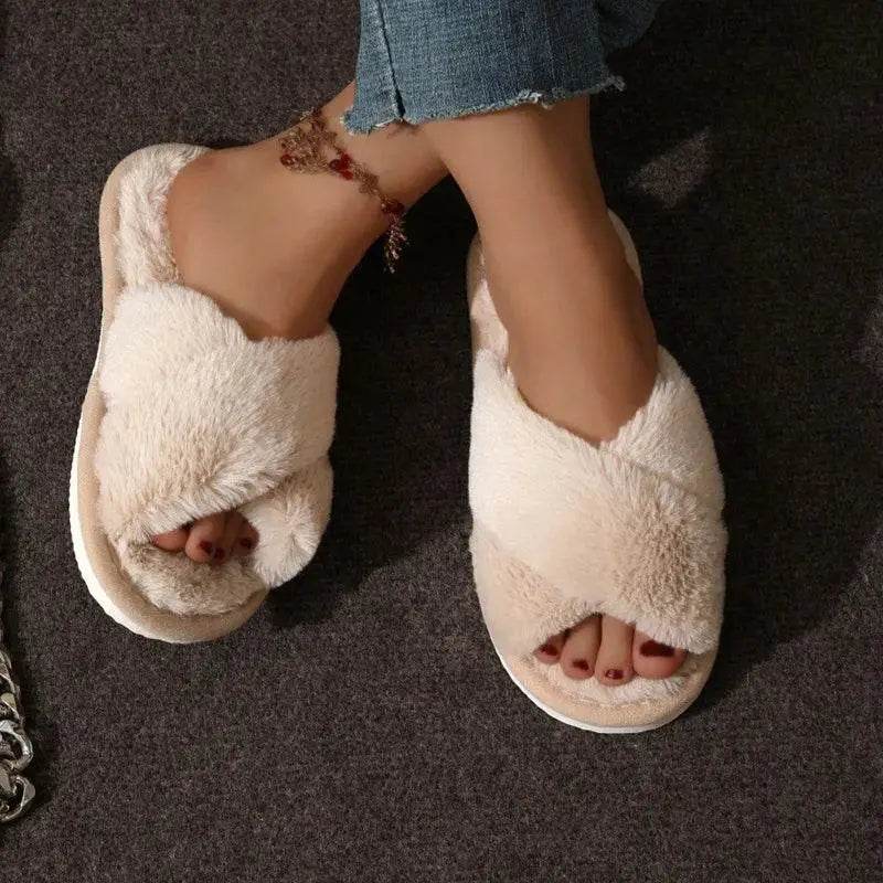 Fashion Cross Strap Fur Slippers Women Indoor Warm Plush - Estalios