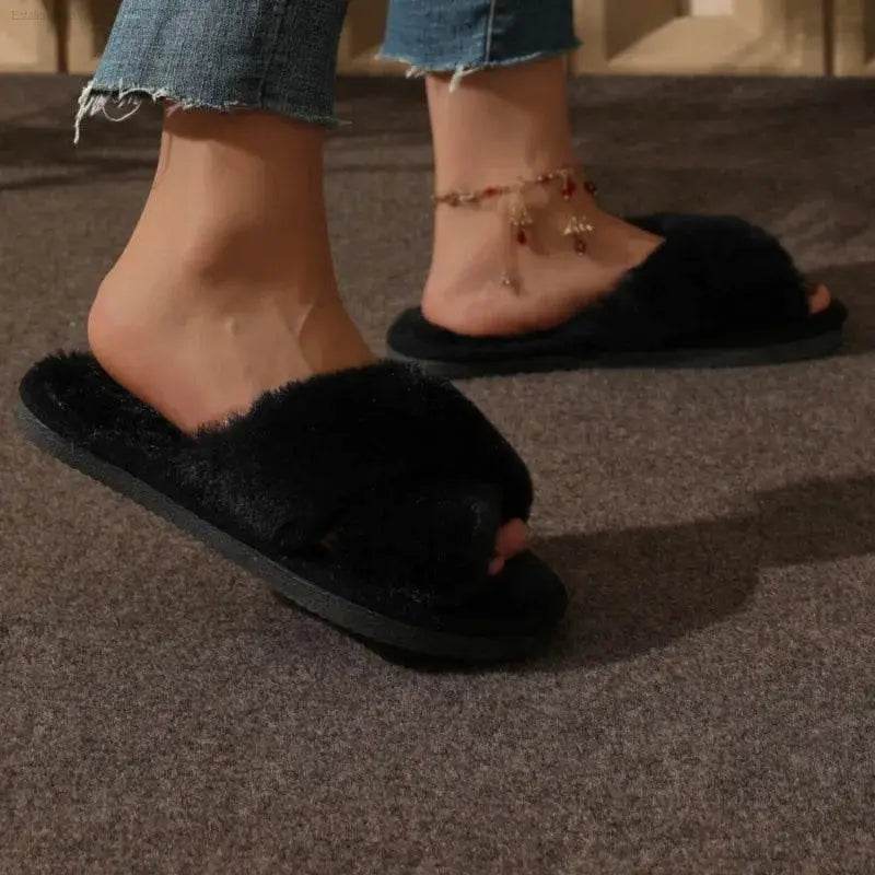 Fashion Cross Strap Fur Slippers Women Indoor Warm Plush - Estalios