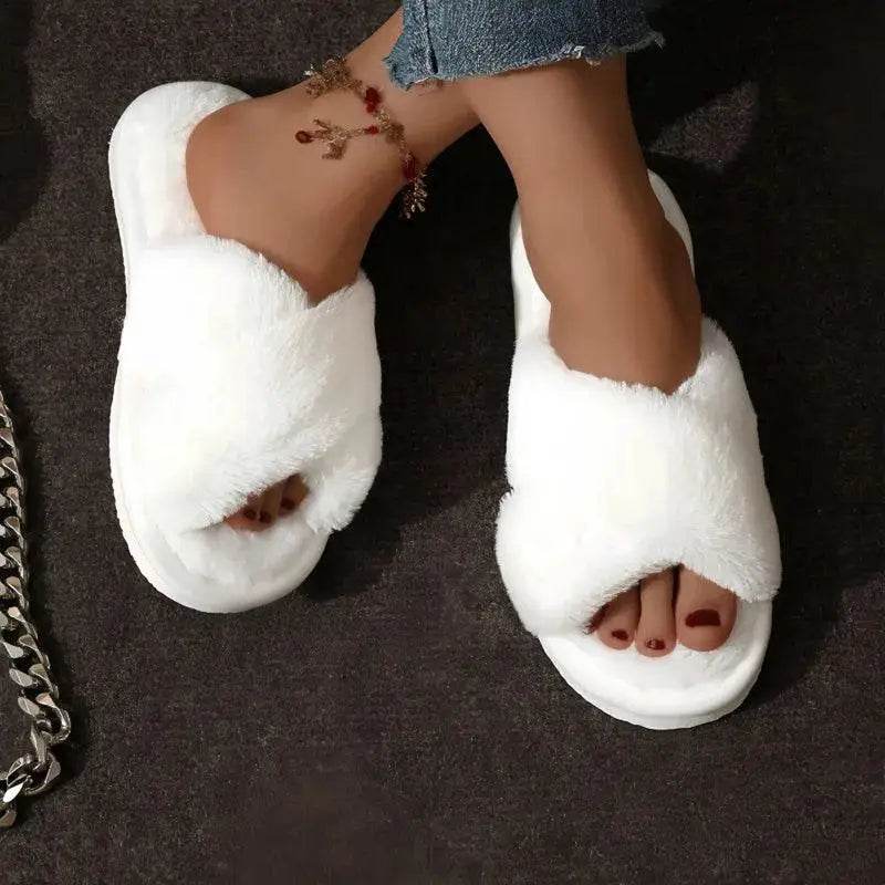 Fashion Cross Strap Fur Slippers Women Indoor Warm Plush - Estalios