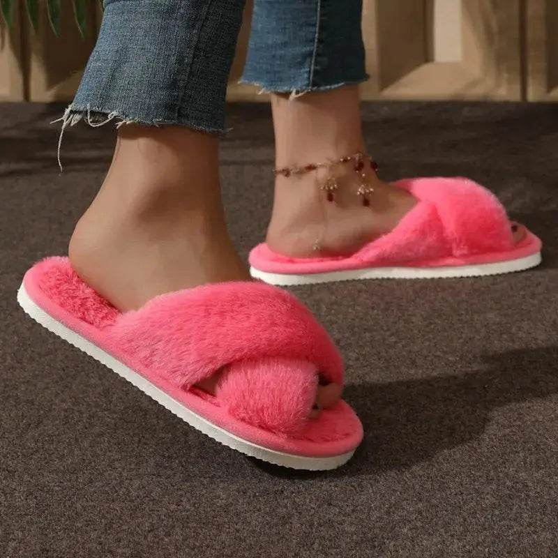 Fashion Cross Strap Fur Slippers Women Indoor Warm Plush - Estalios