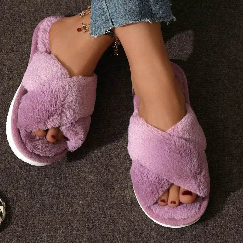 Fashion Cross Strap Fur Slippers Women Indoor Warm Plush - Estalios