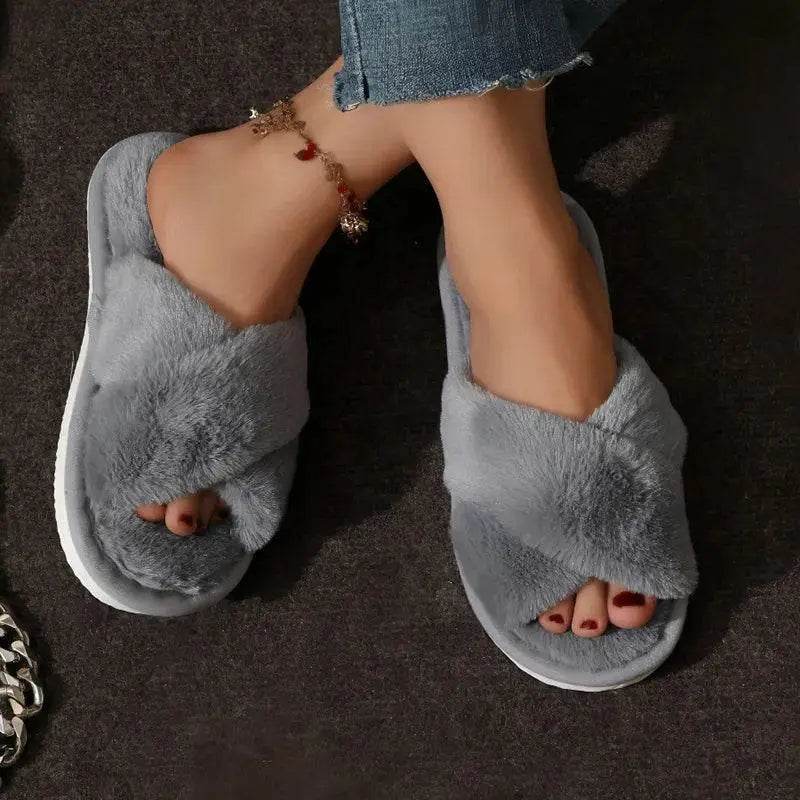 Fashion Cross Strap Fur Slippers Women Indoor Warm Plush - Estalios