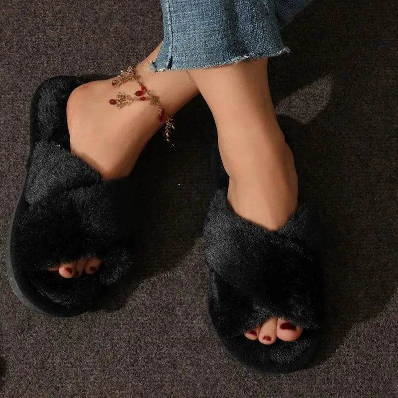 Fashion Cross Strap Fur Slippers Women Indoor Warm Plush - Estalios