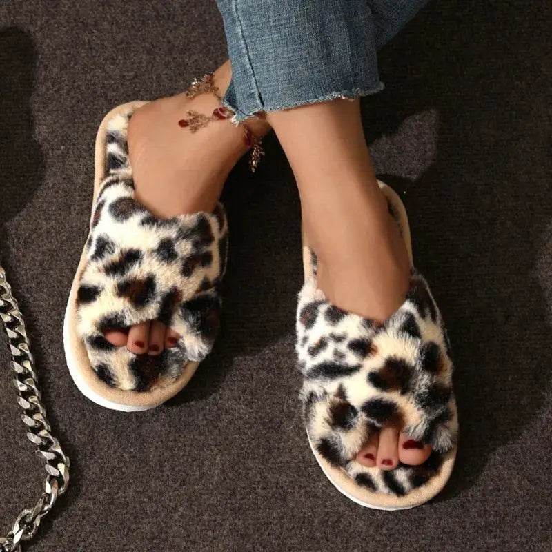 Fashion Cross Strap Fur Slippers Women Indoor Warm Plush - Estalios