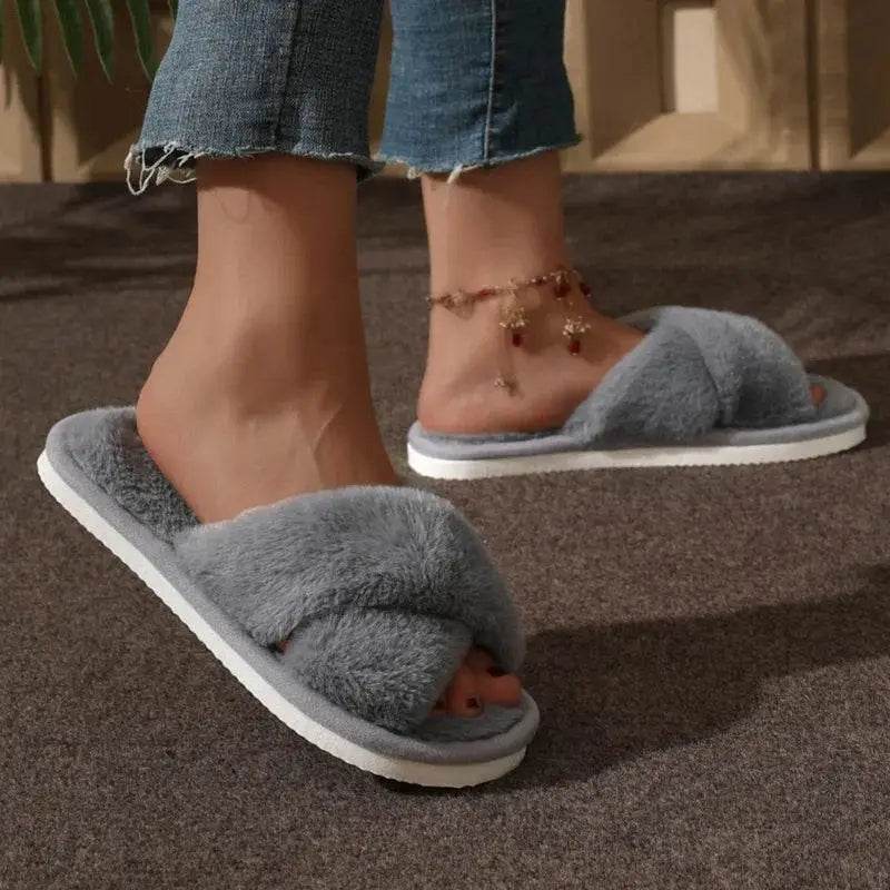 Fashion Cross Strap Fur Slippers Women Indoor Warm Plush - Estalios