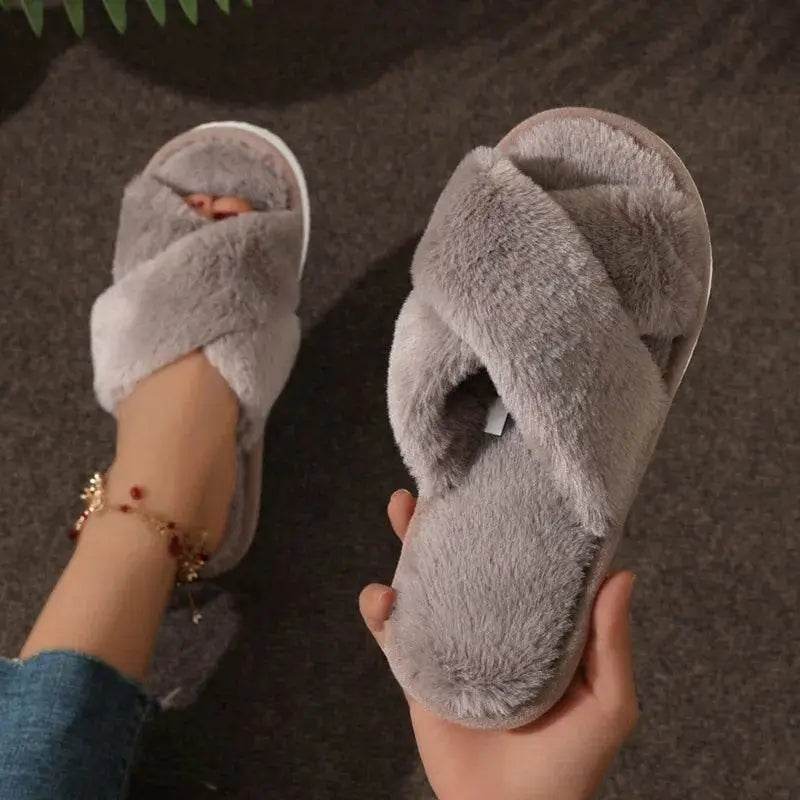 Fashion Cross Strap Fur Slippers Women Indoor Warm Plush - Estalios