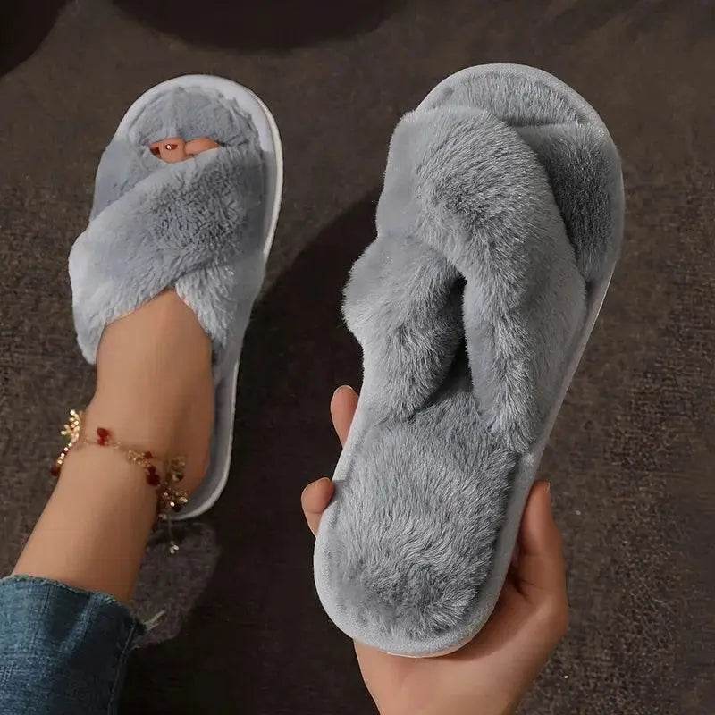 Fashion Cross Strap Fur Slippers Women Indoor Warm Plush - Estalios
