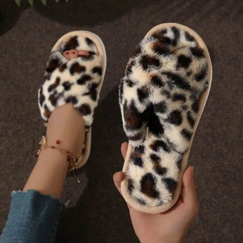 Fashion Cross Strap Fur Slippers Women Indoor Warm Plush - Estalios