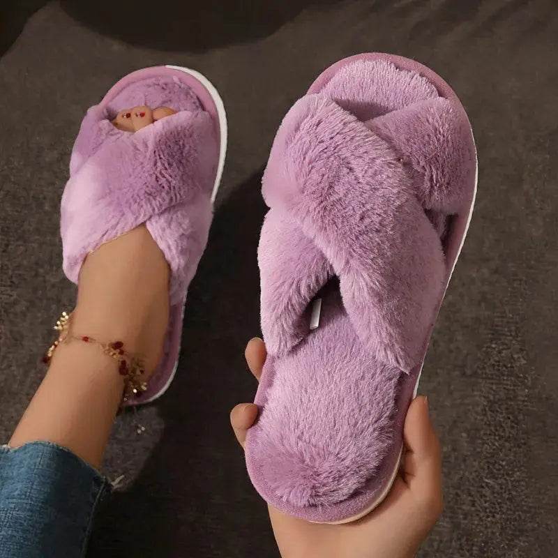 Fashion Cross Strap Fur Slippers Women Indoor Warm Plush - Estalios
