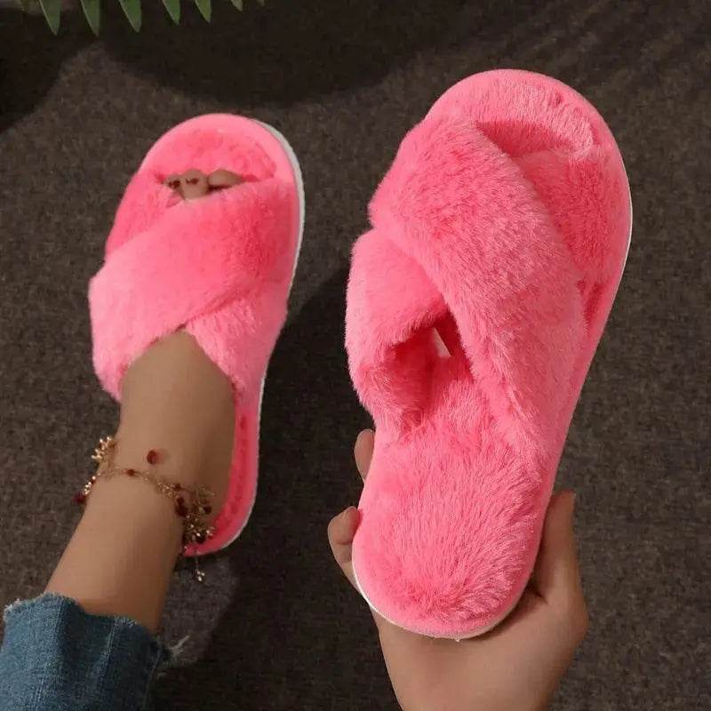 Fashion Cross Strap Fur Slippers Women Indoor Warm Plush - Estalios