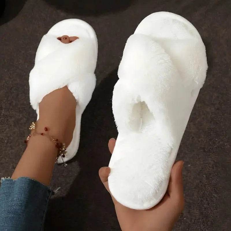 Fashion Cross Strap Fur Slippers Women Indoor Warm Plush - Estalios