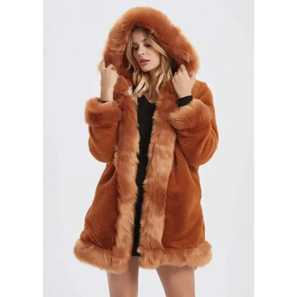 Brown faux fur hooded coat with a cozy faux fur collar for stylish warmth