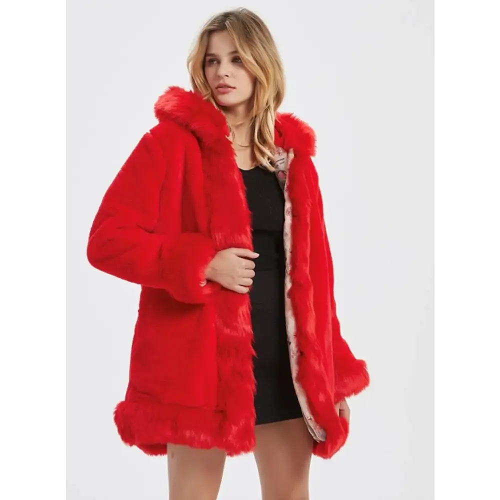 Stylish Red Faux Fur Hooded Coat with a Cozy Faux Fur Collar for Trendy Looks