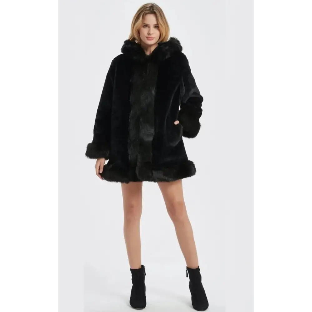 Black faux fur hooded coat with a stylish faux fur collar perfect for chilly days