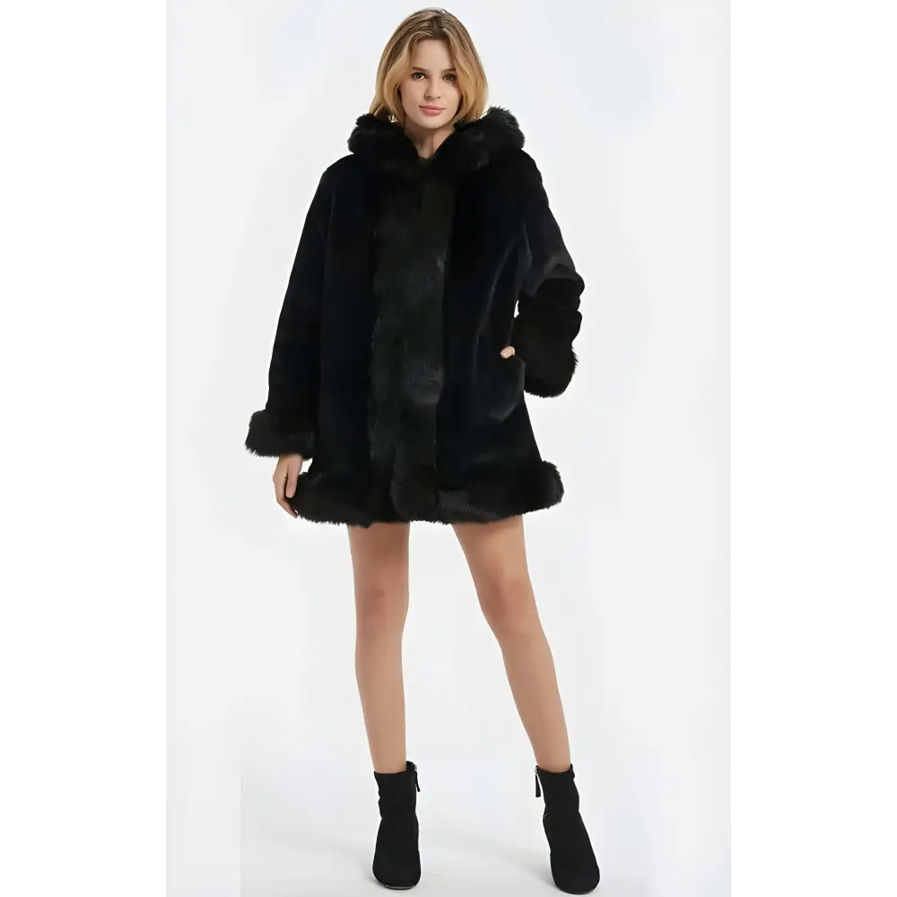 Stylish Black Faux Fur Hooded Coat with a chic faux fur collar for ultimate warmth