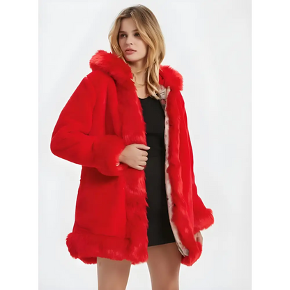 Stylish red hooded faux fur coat with a chic fur collar for cozy warmth