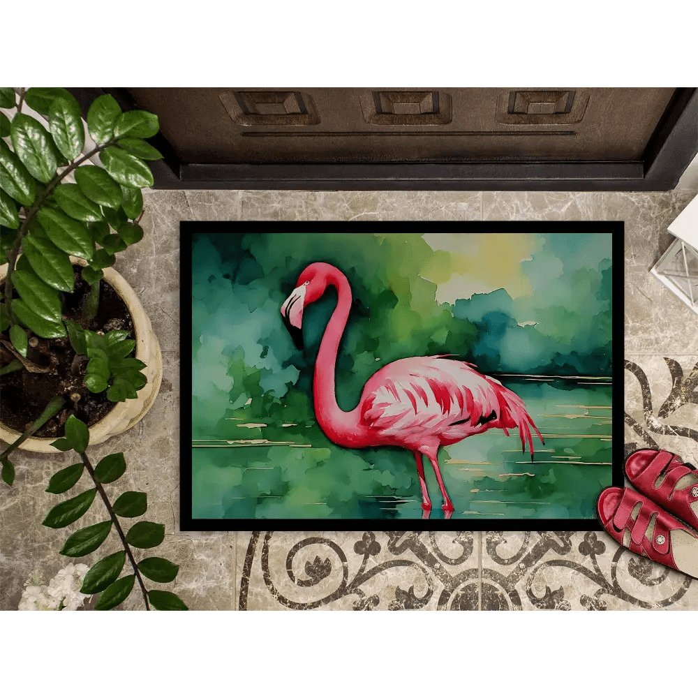 Flamingo Splash Watercolor Doormat: Paradise Awaits! **product Description** Welcome Guests with a Touch of Tropical Flair with our Vibrant Flamingo Watercolor - Estalios