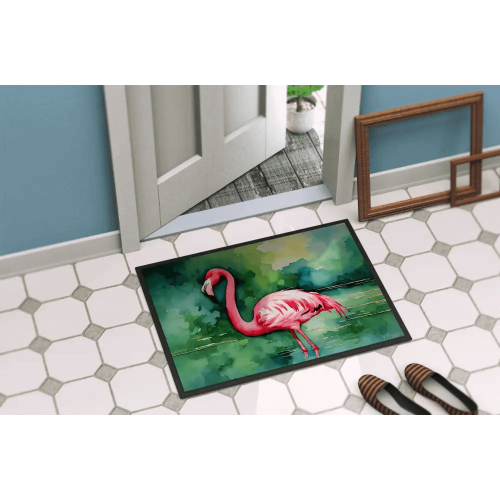 Flamingo Splash Watercolor Doormat: Paradise Awaits! **product Description** Welcome Guests with a Touch of Tropical Flair with our Vibrant Flamingo Watercolor - Estalios