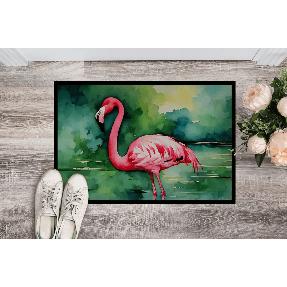Flamingo Splash Watercolor Doormat: Paradise Awaits! **product Description** Welcome Guests with a Touch of Tropical Flair with our Vibrant Flamingo Watercolor - Estalios