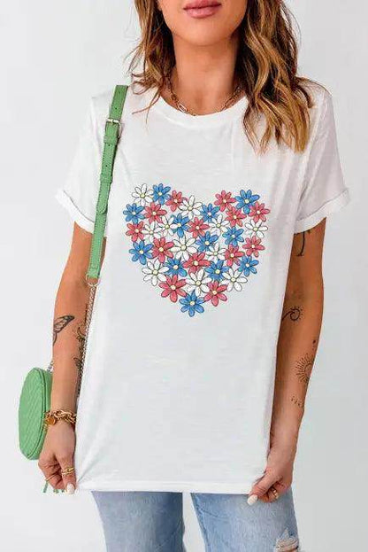 Floral Heart White Tee for Bold Everyday Style - Estalios
