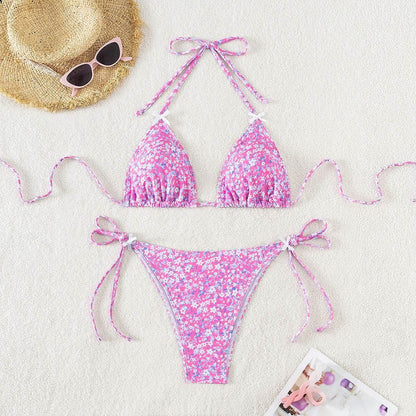 Floral Triangle Cup Lace Up Sexy Bikini Swimsuit for Women - Estalios