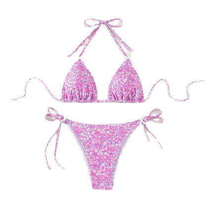 Floral Triangle Cup Lace Up Sexy Bikini Swimsuit for Women - Estalios