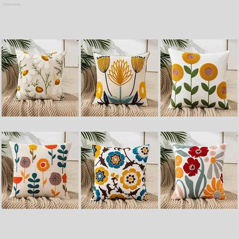 Flower Embroidery Throw Pillow Cover for Boho Home Decor - Estalios