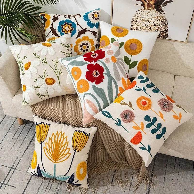 Flower Embroidery Throw Pillow Cover for Boho Home Decor - Estalios