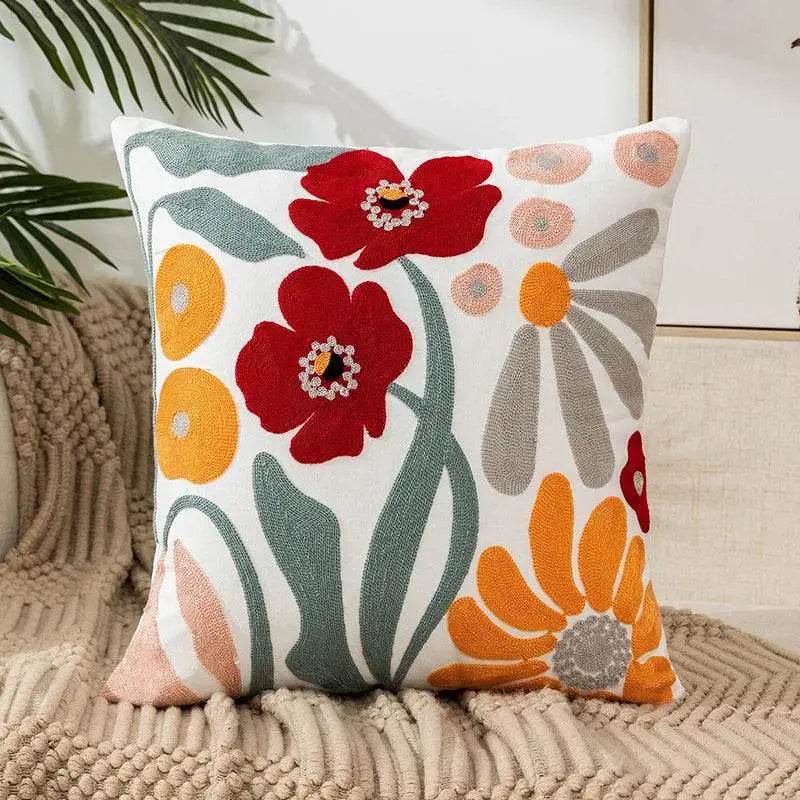 Flower Embroidery Throw Pillow Cover for Boho Home Decor - Estalios