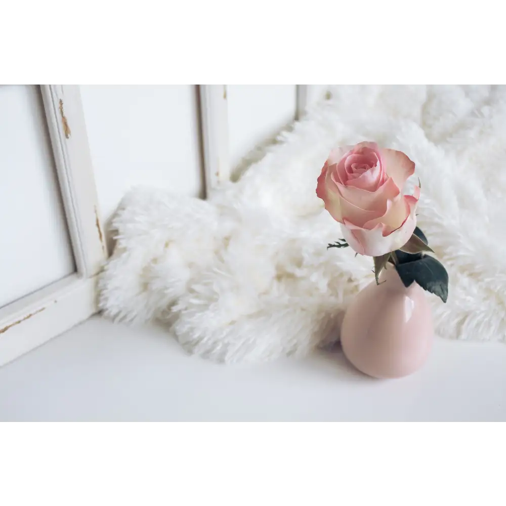 Pink rose in a vase on a fluffy lambskin rug, adding a touch of elegance