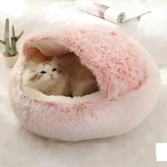 Fluffy Pink Cat Cave 65cm with a cozy cat inside, perfect for snug naps and playtime