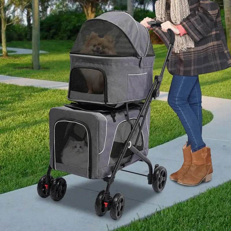 Foldable Cat Dog Stroller Double Detachable Carrier Easy Use - Estalios