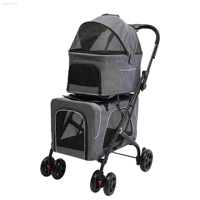 Foldable Cat Dog Stroller Double Detachable Carrier Easy Use - Estalios