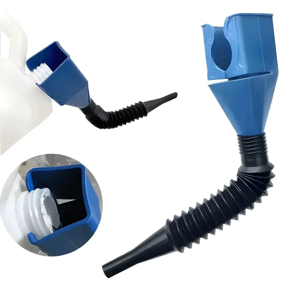 Blue and black flexible funnel for easy motorcycle gasoline refueling