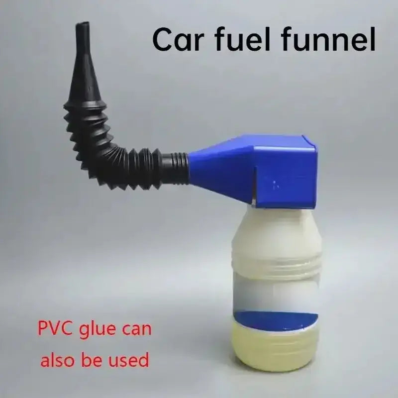 Blue foldable funnel with a black hose for easy motorcycle gasoline refueling