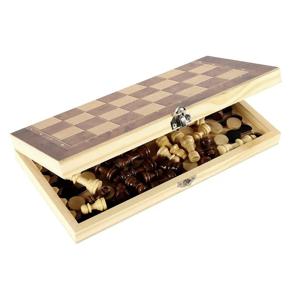 Open folding wooden chess set board with checkers, perfect for game nights