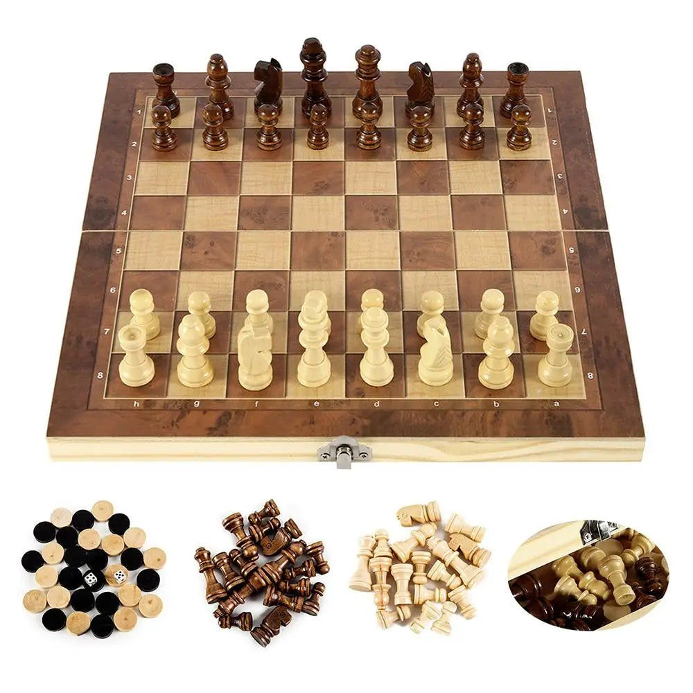 Foldable Wooden Chess Set Board featuring a sleek wooden chess set with checkers