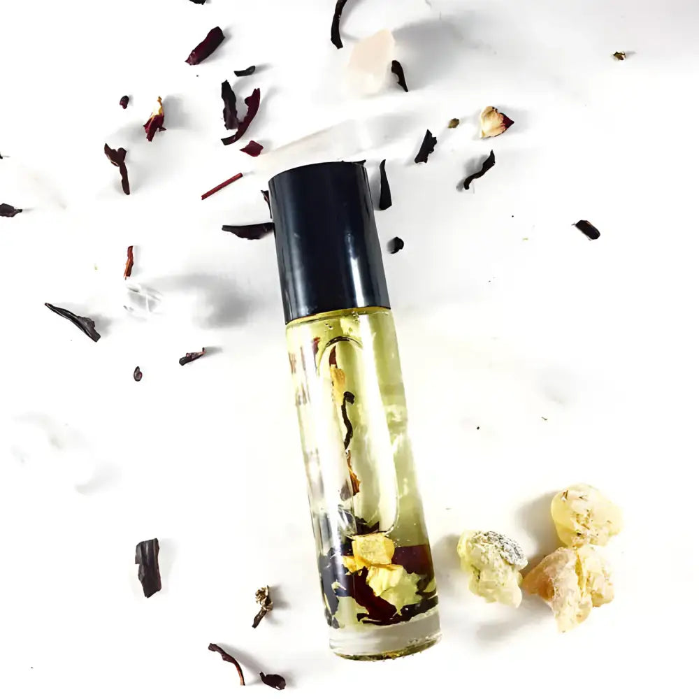 Aromatic Frankincense Rollerball for Spiritual Practice with essential oils and crystals