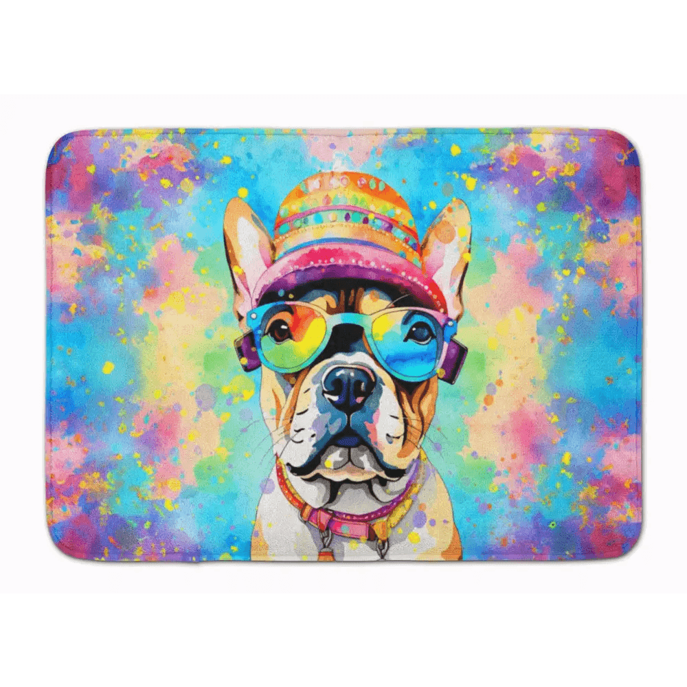 French Bulldog Hippie Dawg Memory Foam Kitchen Mat Machine Washable Anti-Fatigue Mat Cushion Comfort Bath Mat or Kitchen Rug - Estalios