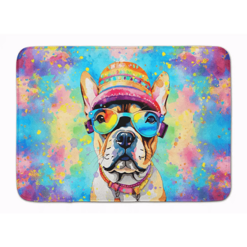 French Bulldog Hippie Dawg Memory Foam Kitchen Mat Machine Washable Anti-Fatigue Mat Cushion Comfort Bath Mat or Kitchen Rug - Estalios