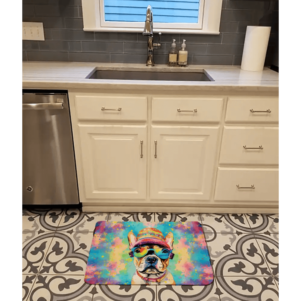 French Bulldog Hippie Dawg Memory Foam Kitchen Mat Machine Washable Anti-Fatigue Mat Cushion Comfort Bath Mat or Kitchen Rug - Estalios