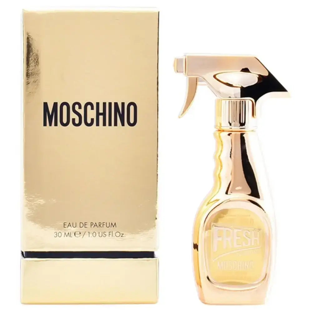 Gold Moschino EDP bottle and box, featuring Fresh Couture Gold design