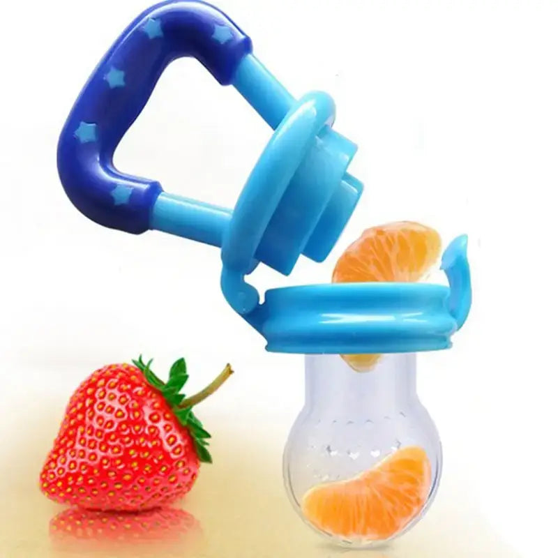 Blue Food Nibbler Baby feeder with orange slices and strawberries for safe eating