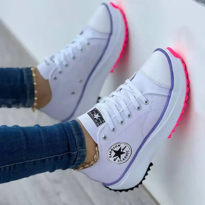 White platform sneakers with pink soles in light green canvas for stylish flat lace-up sneakers