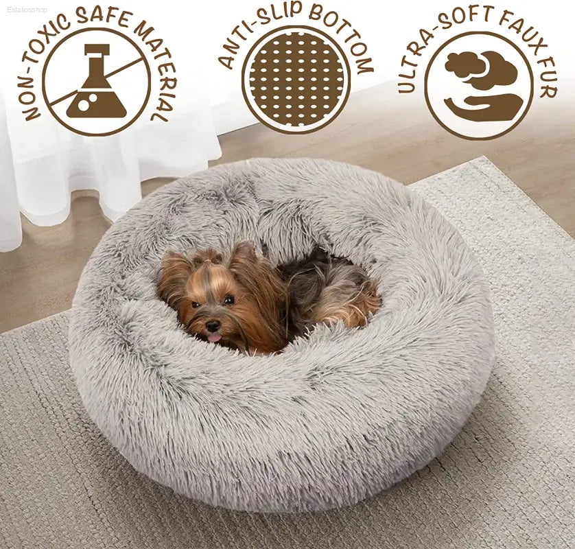 Friends Forever Fluffy Faux Fur Dog Bed - Calming Plush Sofa for Large Dogs, Machine Washable & Non-Slip, 36"x36"x8", Grey