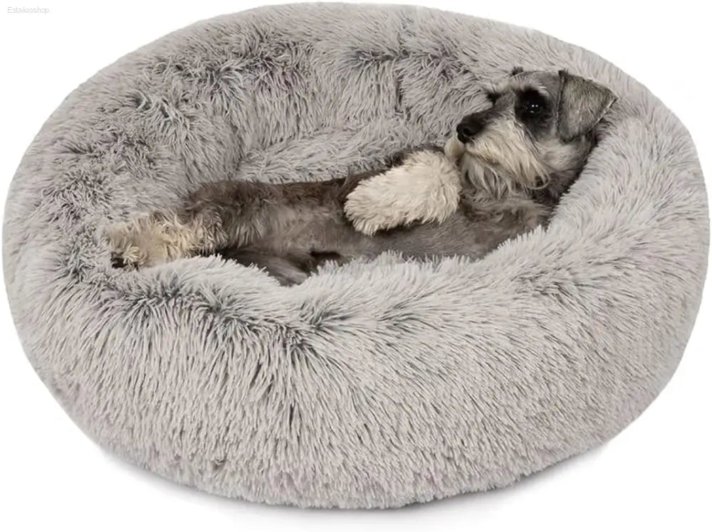 Friends Forever Fluffy Faux Fur Dog Bed - Calming Plush Sofa for Large Dogs, Machine Washable & Non-Slip, 36"x36"x8", Grey